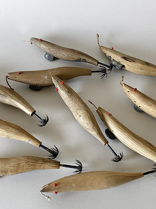 10 Antique Japanese EGI Wooden Shrimp Lures for Squid Fishing Mingei