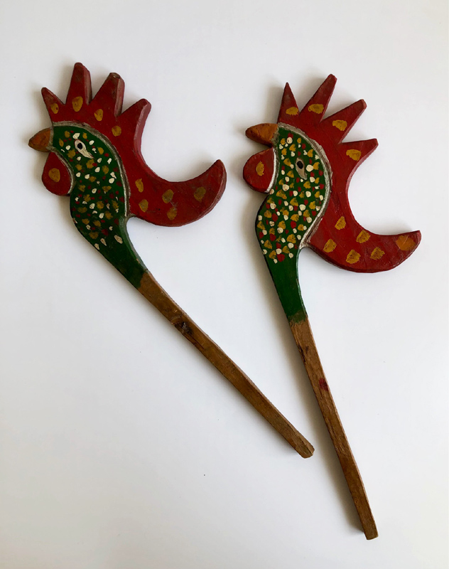 PAIR OF PAINTED WOODEN BIRDS FOR TEMPLE DECORATION